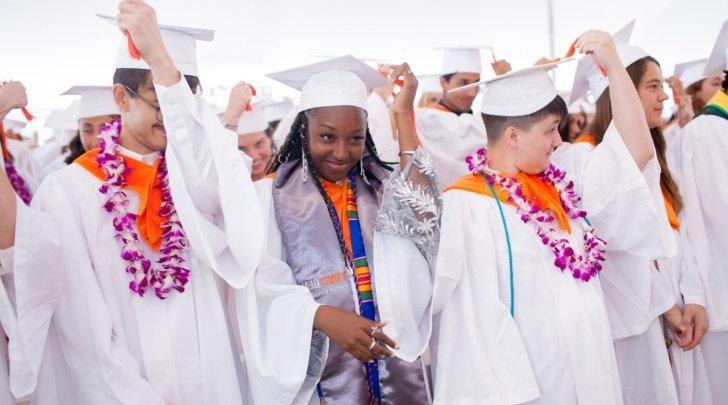 Pitzer students in commencement regalia moving their tassel from the right side to the left side of their cap.