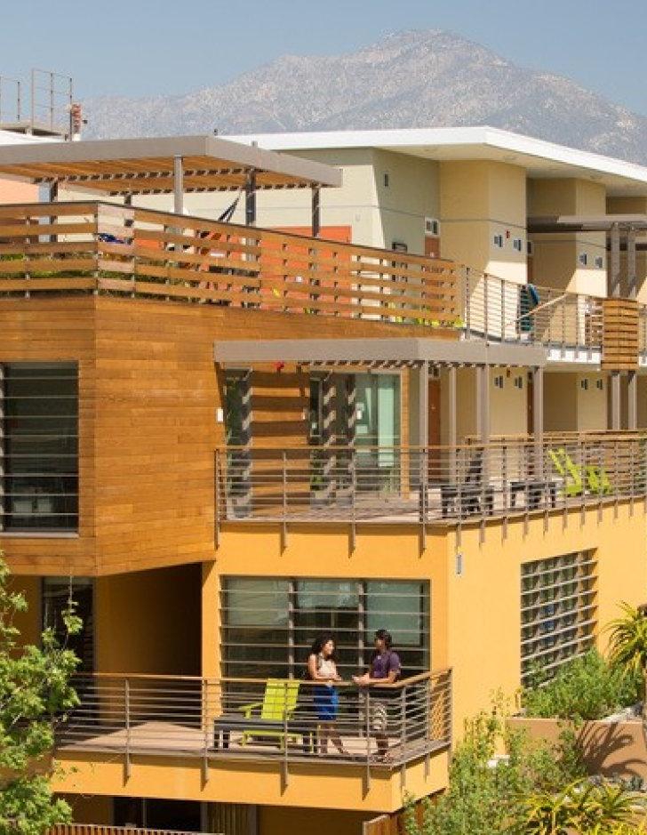 Aerial view of Pitzer's West and East residence halls.