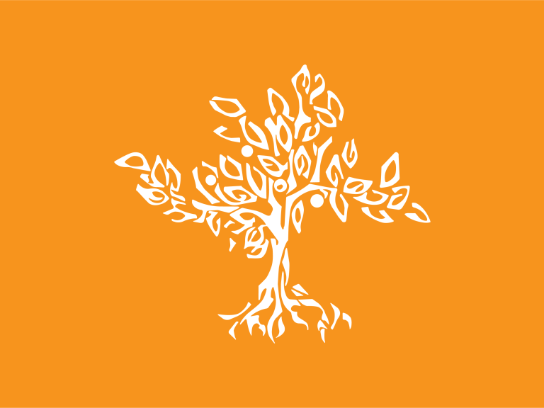 the white pitzer tree logo sits on a solid orange background